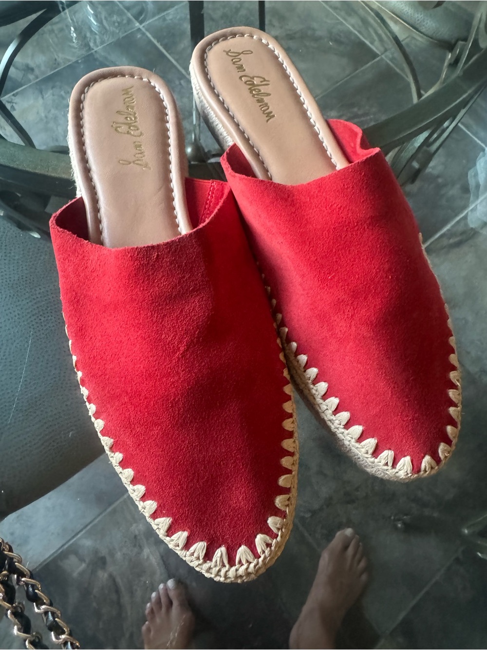 Sam Edelman Red Suede Braided-Trim Slip-On Mules NWOT
